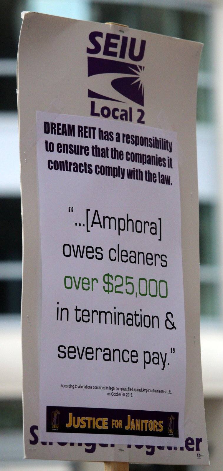 Dream Reit owes cleaners picket sign